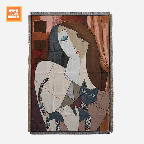 Abstract Art Girl & Cat Woven Throw Blanket - HYPEINDAHOUSE